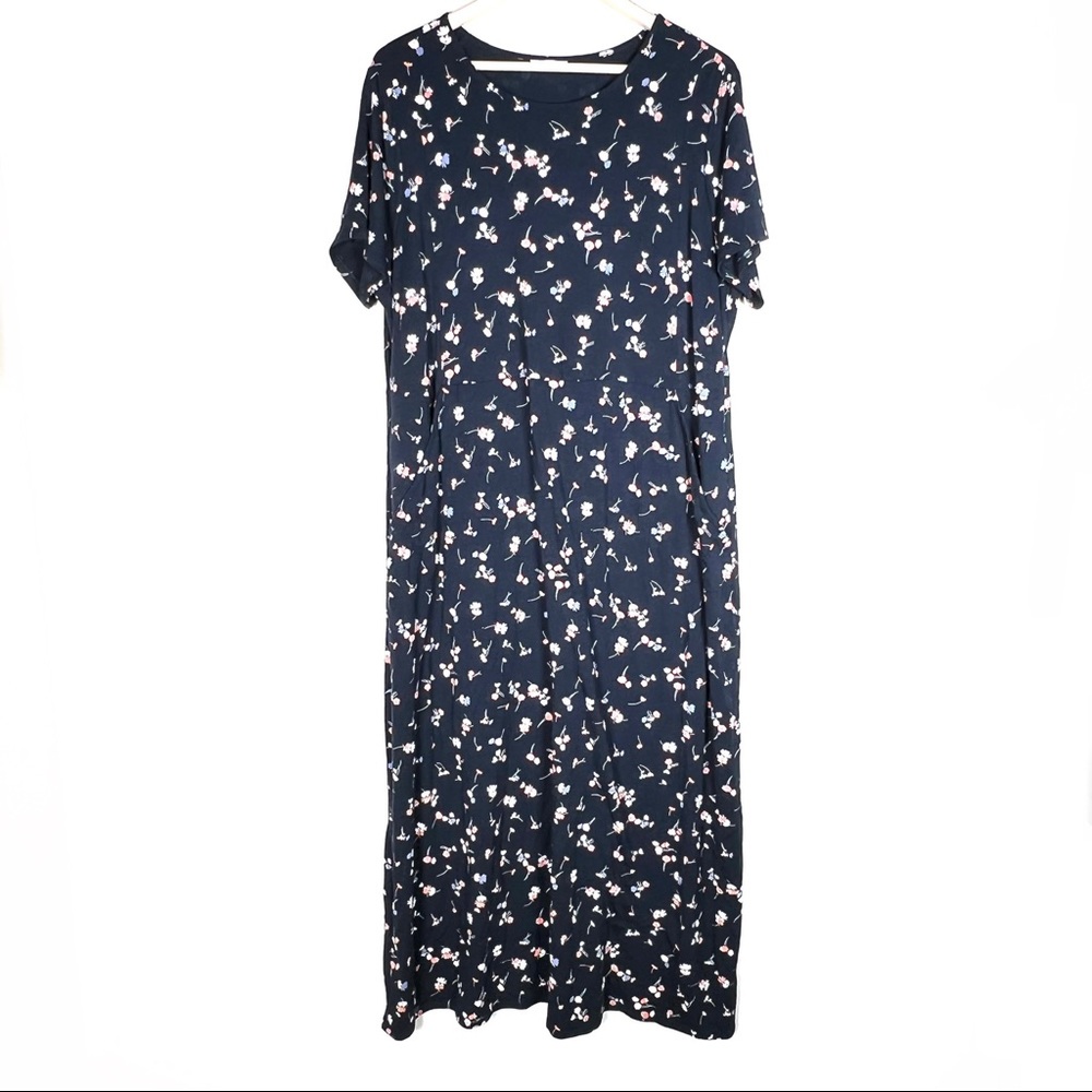 J. Jill Navy blue floral short sleeve maxi casual shift dress with pockets sz XL